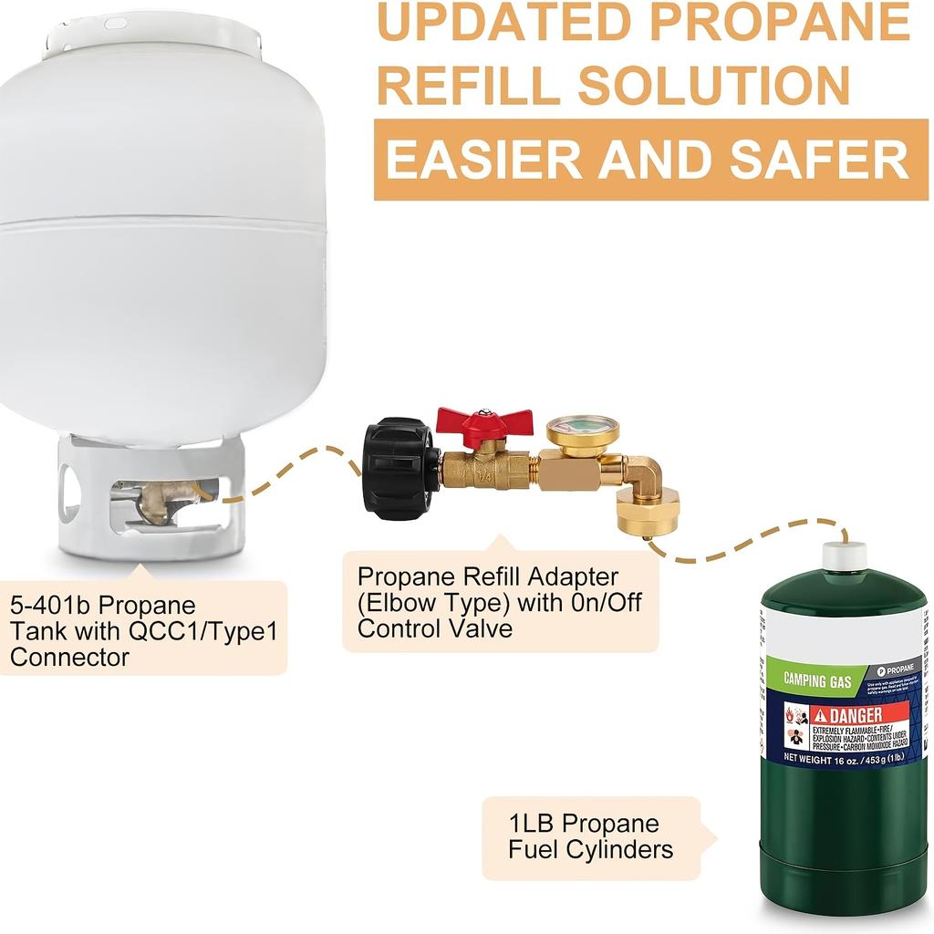 Простой в заправке переходник для заправки пропаном с клапаном и манометром - Подходит для 20-фунтовых баллонов, Подключается к 1-фунтовым одноразовым баллонам для барбекю и приготовления пищи на открытом воздухе