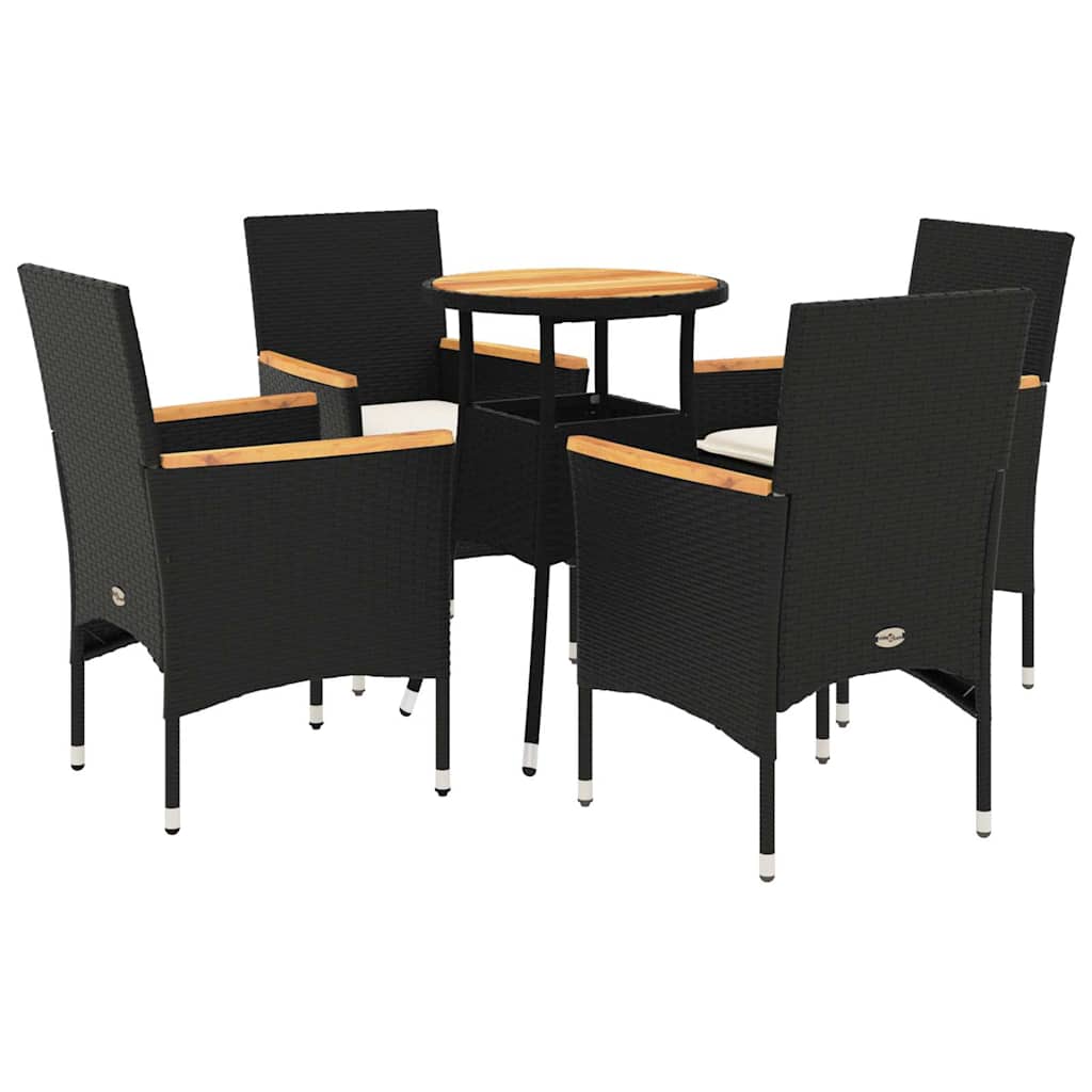 5 Piece Outdoor Dining Set with Cushions Black Poly Rattan & Acacia
