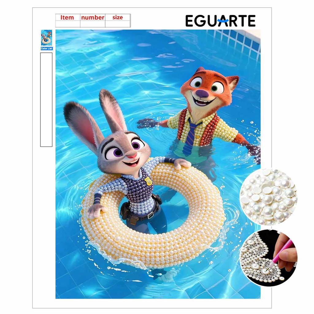 Disney Жемчужная живопись Джуди и Ник Игры у бассейна DIY Жемчужная живопись Искусство из драгоценных камней Жемчужная точечная живопись Картины-поделки Подарки для взрослых новичков Декор для дома