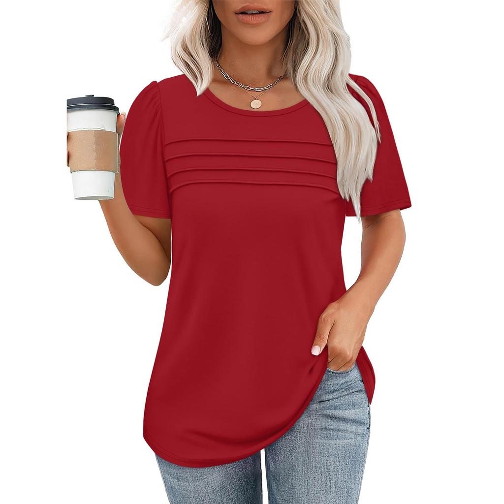 Fashion Tops Pleated Round Neck Short Sleeve T-Shirt