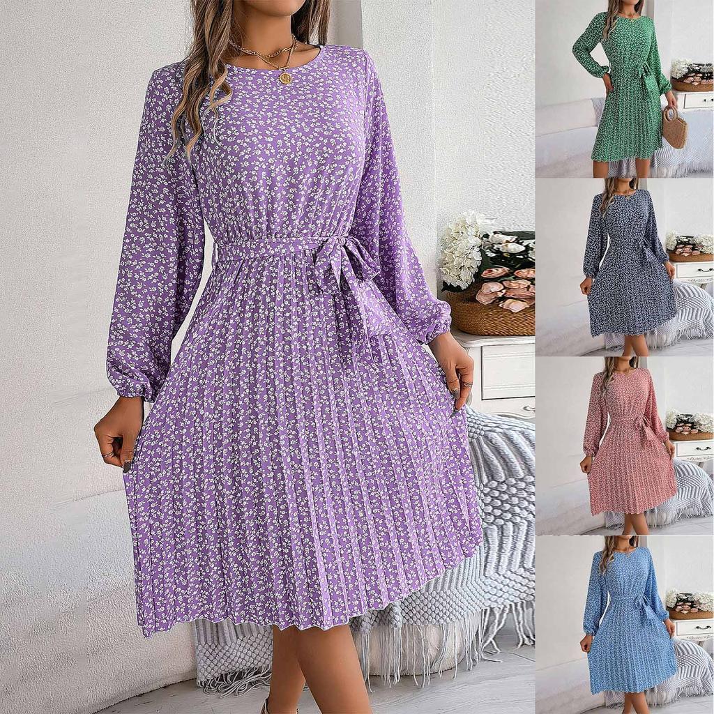 Women Fashion Spring And Summer New Casual Long Sleeve Floral Large Hem Pleated Dress