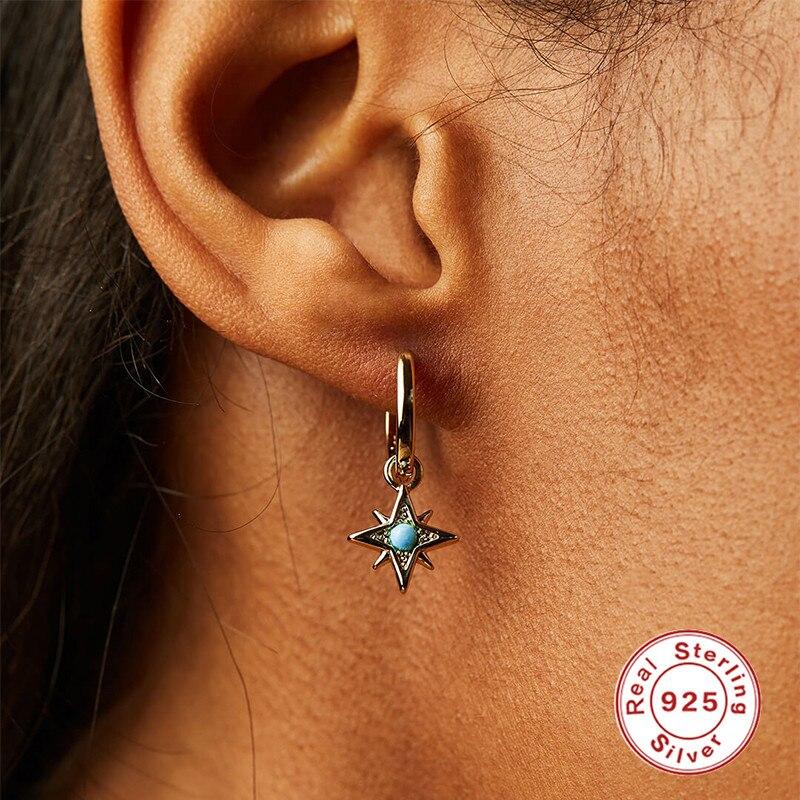 Серьги-кольца из бирюзового камня Star Moon для женщин из стерлингового серебра 925 пробы, женские серьги, ювелирные изделия, подвески, платина 925, подарки