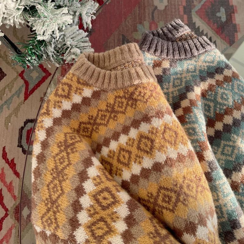 Уникальный дизайн Женский осенне-зимний жаккардовый пуловер свитер Свободный с длинным рукавом Ленивый стиль Вязаный топ Базовый слой