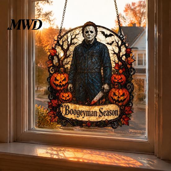 Halloween Home Holiday Ornaments Decoration, 2D Michael Acrylic Suncatcher, Window Hanging Decor with Pumpkin Decorations Tombstone, Stained