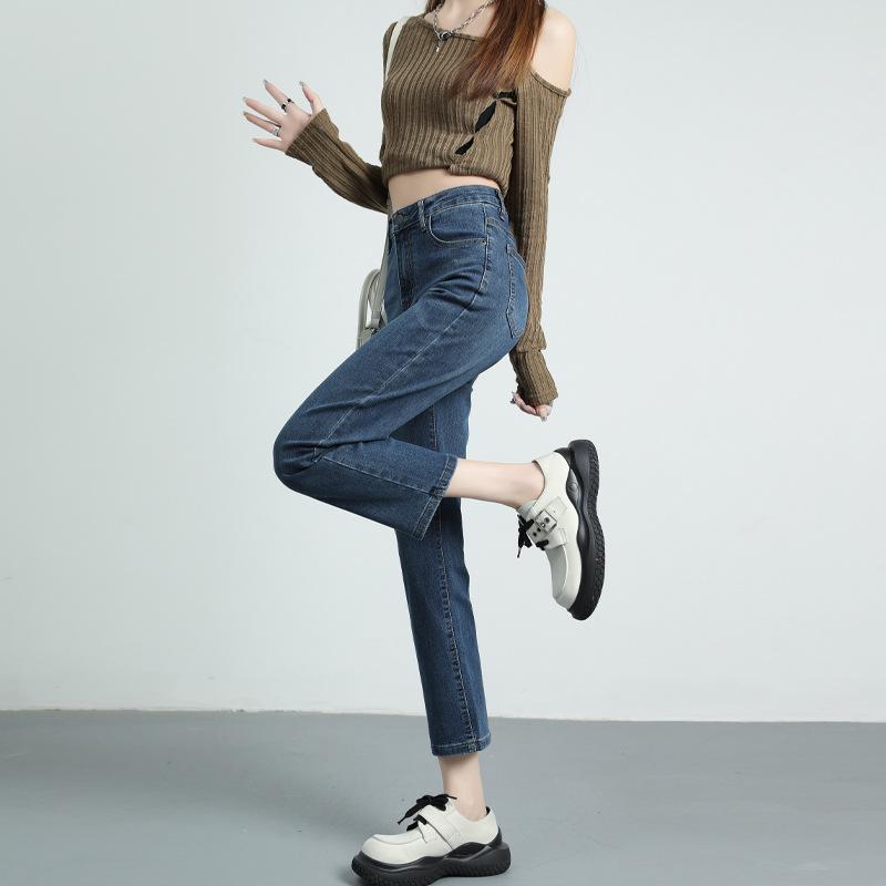 Прямые джинсы для женщин с высокой талией, облегающие, французский стрейч, брюки длиной девять точек для женщин на осень и зиму, свободные, светло-голубые, ретро-голубые