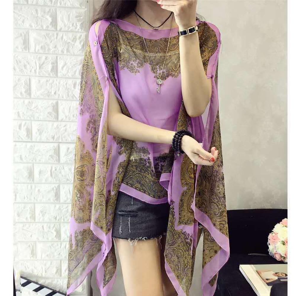 Breathable Chiffon Blouse Printed Bikini Cover Tops New Poncho  Women