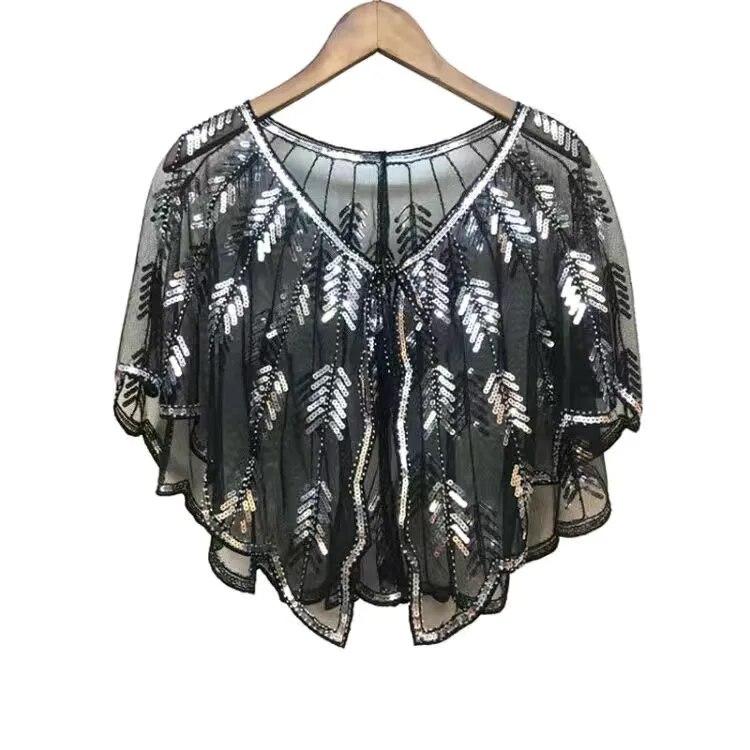 Ретро 1920-х годов, шаль с блестками и бисером, винтажная вечерняя накидка из прозрачной сетки с вышивкой в ​​виде листьев, женское болеро, аксессуары для вечеринок