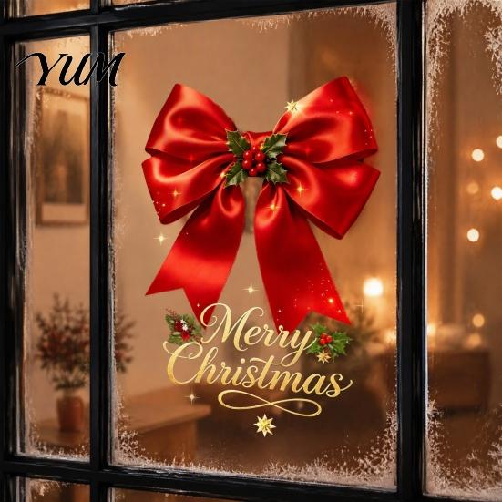 Seasonal Home Decoration Christmas Bow Window Sticker, Red Static Cling, Waterproof Holiday Glass Clings Removable PVC Decal for Windows Doors Decals