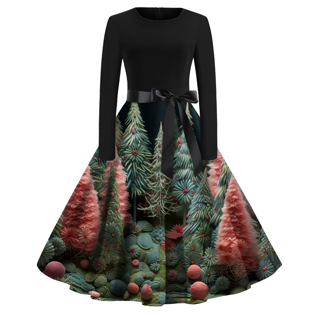 Женское модное повседневное платье приталенного кроя с круглым вырезом, рождественским принтом и длинными рукавами