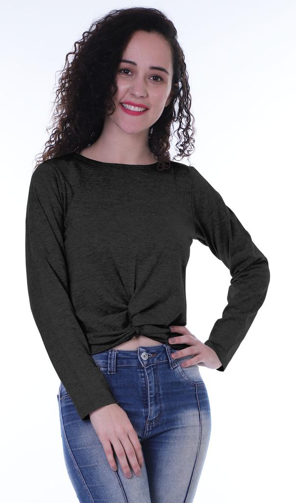 Moomaya Womens Full Sleeves Front Knot Crop Top Summer Tshirt Plain Tee Tops