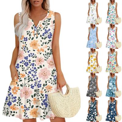 Женское летнее повседневное платье с V-образным вырезом, цветочным принтом и пуговицами, с карманами