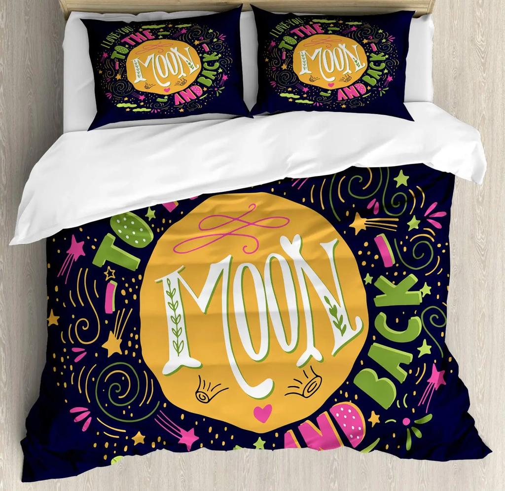 I Love You Duvet Cover Hand Drawn I Love You To The Moon and Back Words with Stars Celebration King Size Polyester Bedding Set