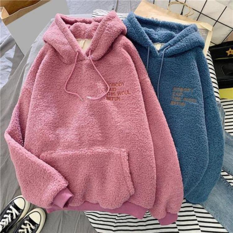 Women Fleece Hoodie Warm Winter Loose Pullover Long Sleeves Thick Letter Embroidery Top Elastic Cuff Drawstring Patch Pocket Fall Fashion