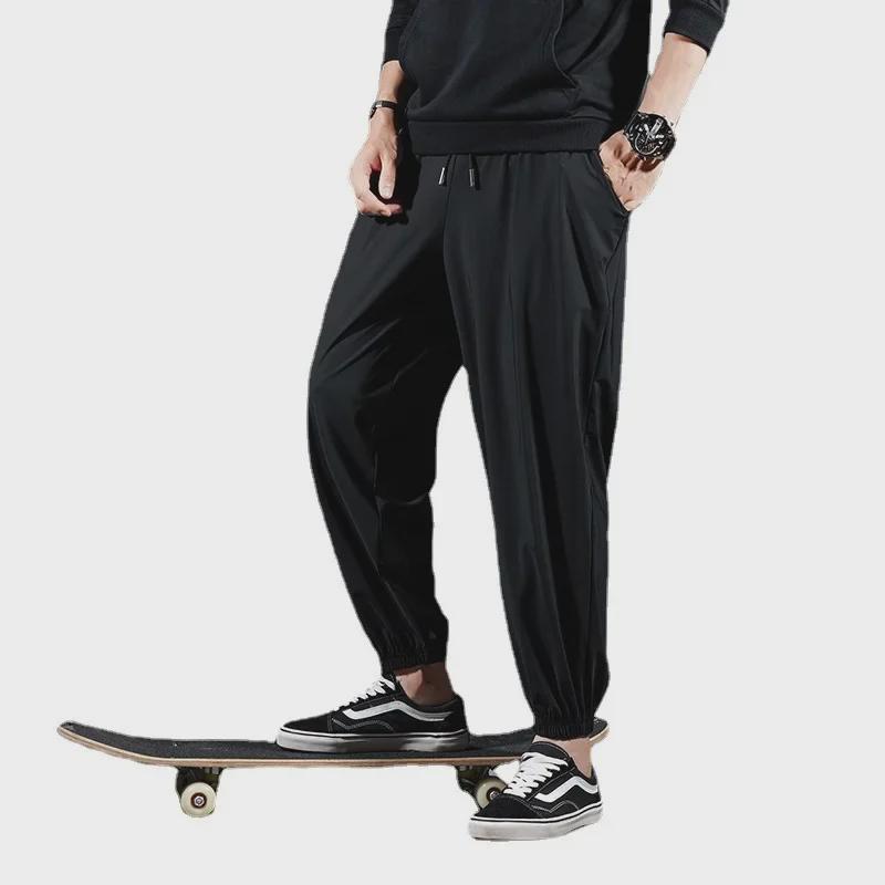 Мужские эластичные быстросохнущие летние спортивные брюки из ледяного шелка, повседневные манжеты с девятью точками, большие размеры.