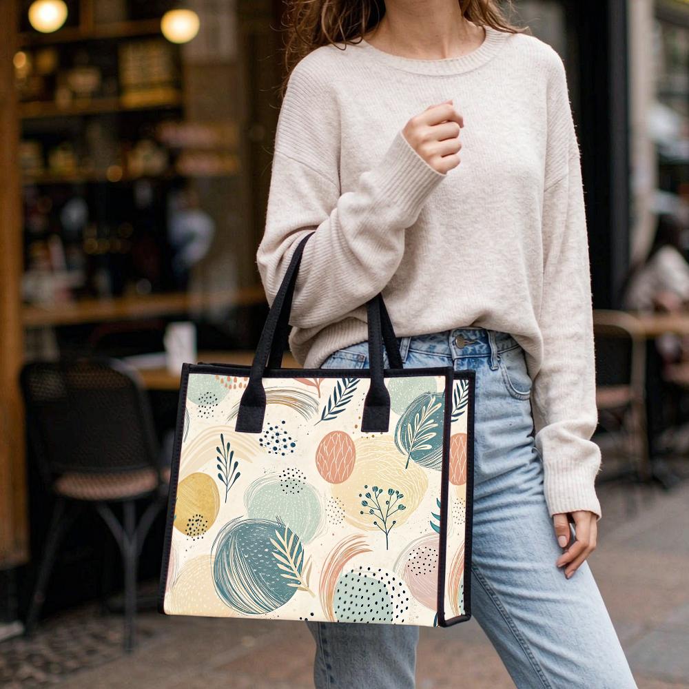 Boho Leaf Print Tote Bag Casual Daily Large Capacity Portable Shopping Handbag for Women