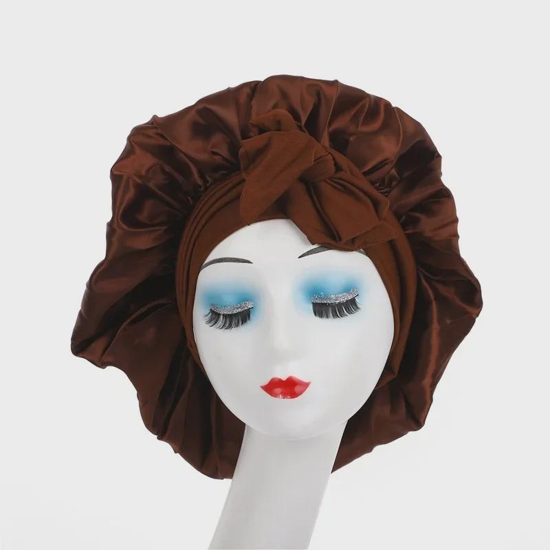 High Elastic Satin Nightcap with Wide Brim & Bow for Salon Hair Care