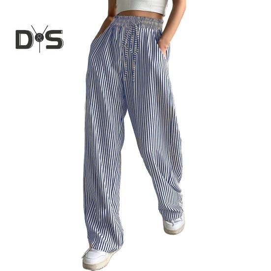 Женские брюки, регулируемые по талии, с эластичной резинкой на шнурке, длинные брюки средней посадки с карманами, широкие повседневные брюки с полосатым принтом
