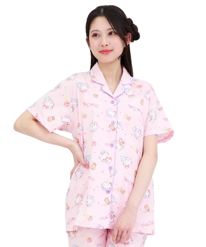SAZAC Sleepy Hello Kitty Shirt Cotton Short Sleeve and Long Pants Set Pajamas, 100% Broadcloth, Women's (Pink/L/SAN1945)