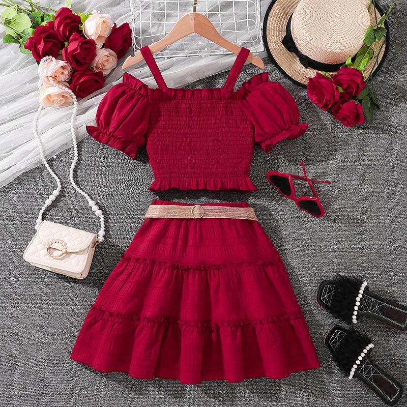 Комплект одежды для девочек, летний детский топ с открытыми плечами и короткими рукавами, комплект с юбкой Sweet Cake