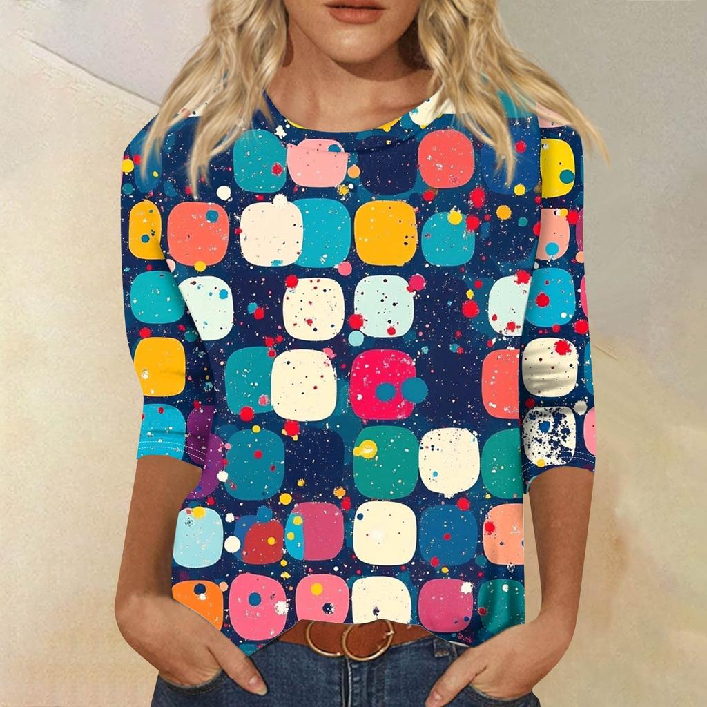 Women's Fashion Casual Seven Sleeve Printed Round Neck T-Shirt Top