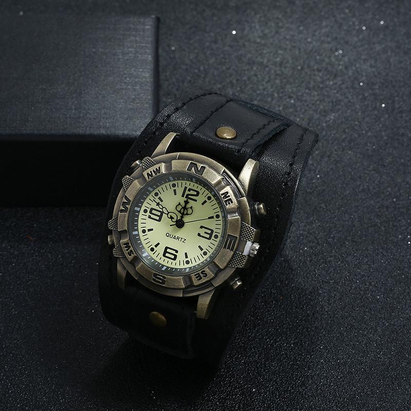 Punk Style Men's and Women's Retro Fashion 45mm Round Alloy Case Glass Dial Pointer Quartz Watch Luxury Leather Bracelet