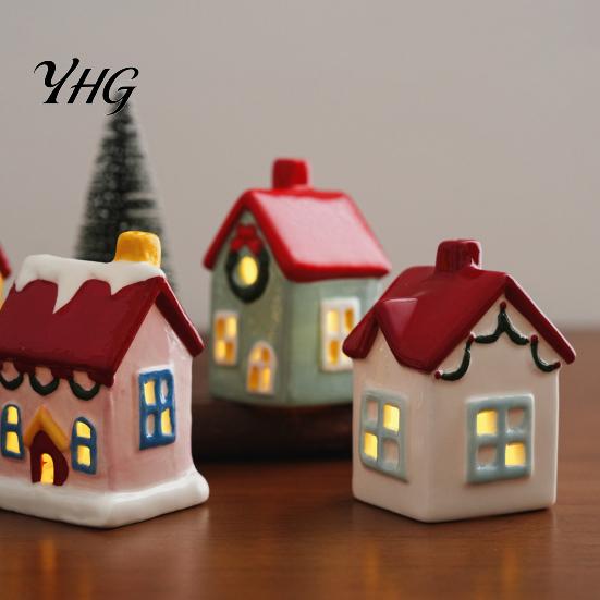 Small Festive Building Models Christmas Ceramic House Figurine, Glowing Window & Chimneys Holiday Decor, Indoor Displays Miniature Tabletop