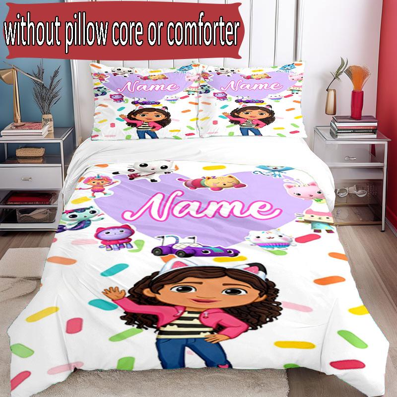 3pcs Duvet Cover Set (1*Duvet Cover + 2*Pillowcase, Without Core), Custom Name Gabby's Dollhouse Pattern Bedding Set, Home Bedroom Decor Gift
