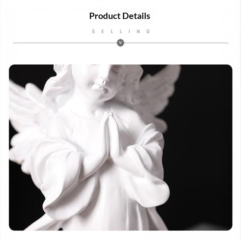 White Resin Praying Angel Figurine with Wings Floral Crown Elegant Desktop Shelf Ornament for Home Living Room Decor