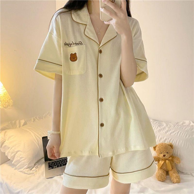 Летние пижамы, женские шорты с короткими рукавами, свободный кардиган с бантом, летний можно носить как домашний комплект одежды