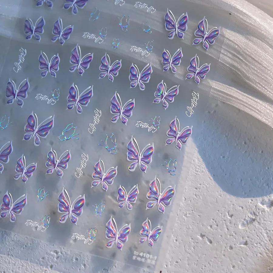 Vigorous Pink Butterfly Gradient Petal Flower Shiny Stars 5D Soft Self Adhesive Nail Art Decoration Sticker Manicure Decal DIY