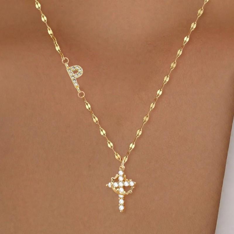 Cross Shape Letter Necklace Women Gold Plated Copper Pendant Versatile Fashion Jewelry