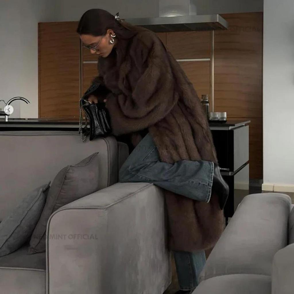 VAYLA Винтажное Роскошное Длинное Пальто из Искусственного Лисьего Меха Женское Зимнее Теплое Пушистое Меховое Пальто Женская Уличная Меховая Верхняя Одежда Пальто