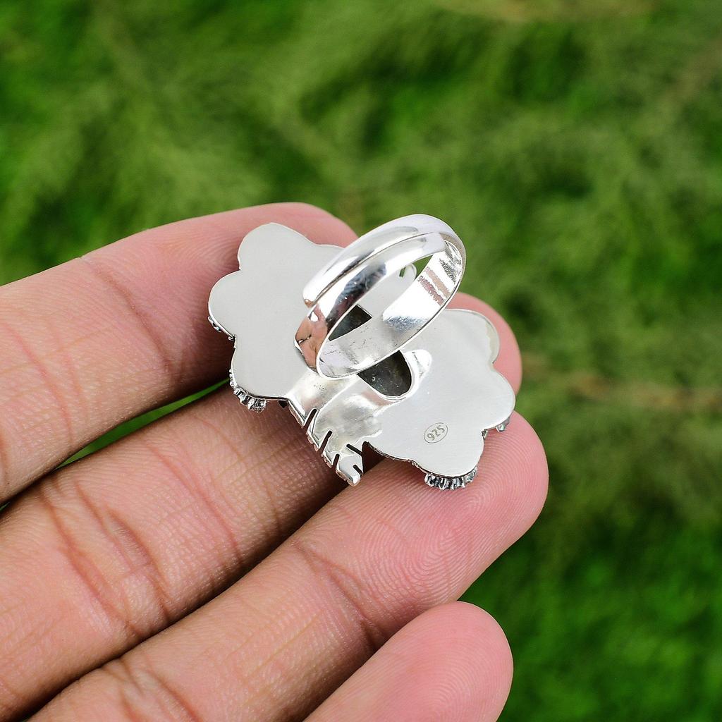 Natural Labradorite 925 Silver Solitaire Flower Adjustable Ring For Women