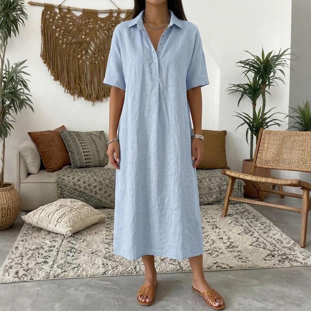 Женское прямое и удобное льняное платье с V-образным вырезом и коротким рукавом