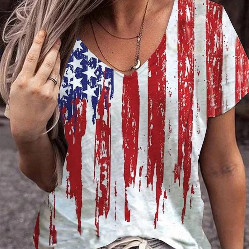 Summer V-neck 3D American Flag Printed Top Fashionable Casual Short Sleeved Women's T-shirts