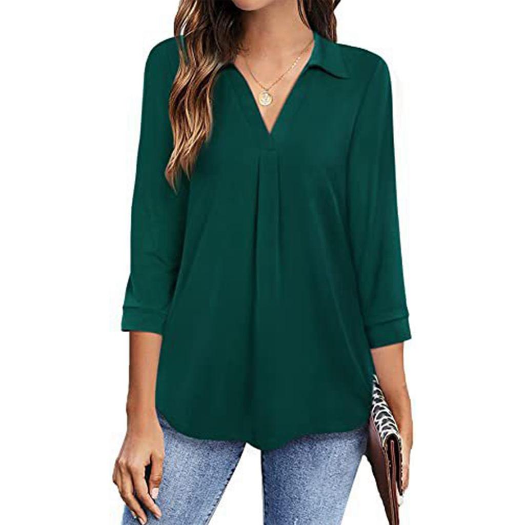Женская летняя рубашка свободного кроя с V-образным вырезом и рукавом три четверти, однотонная шифоновая рубашка