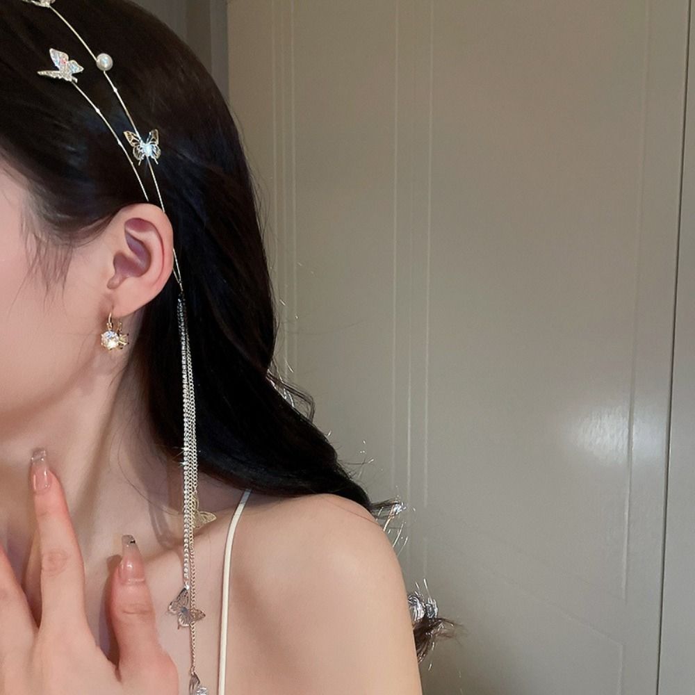 Rhinestone Tassel Pearl Hair Hoop Woman Tiara Butterfly Headband Headband Headdress