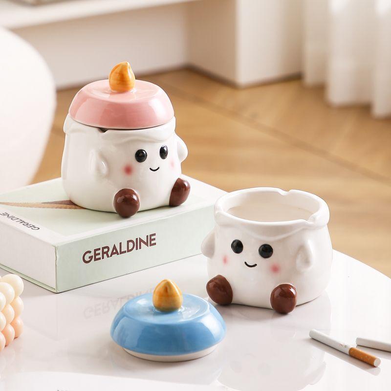 Modern Cute Elf Ceramic Ashtray with Lid Living Room Storage Ornaments Portable Home Car Ashtray Countertop Ornaments Decoration
