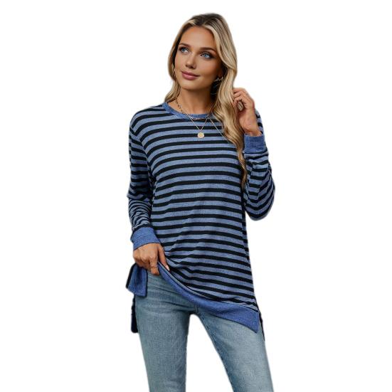 Женские топы с круглым вырезом, длинными рукавами, полосатым принтом, футболка с боковыми разрезами, средней длины, свободный крой, эластичная футболка