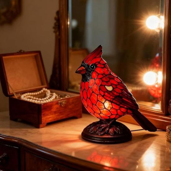 Yousheng Red Bird Table Lamp Stained Glass Style Bedside Bird Lamp Handcrafted Red Bird Night Light for Home Decor Bedroom Desk Christmas Gift