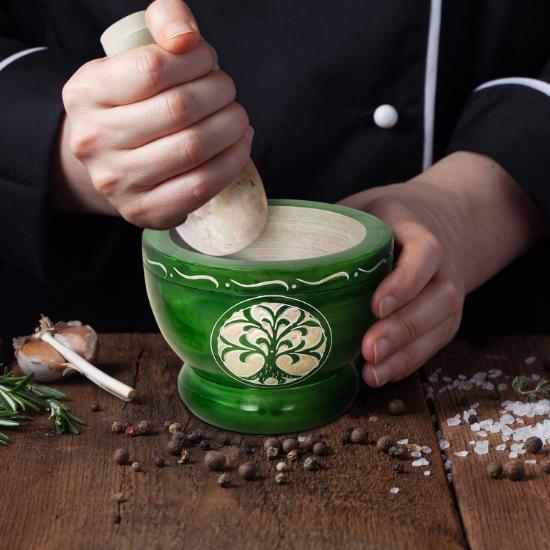Divit Shilp Mortar and Pestle, Natural Stone Grinder for Spices, Pastes, Herbs, Seasoning etc. (Green Tree of Life)