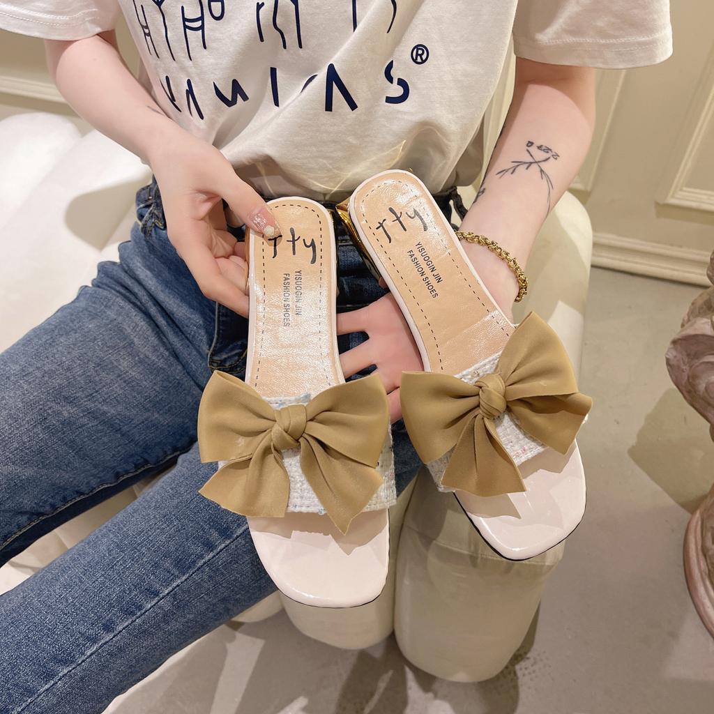 High Heels Women's New Square Head Temperament Bow Low Heel One-word Drag Small Fragrant Style Outer Slippers In Summer 2025
