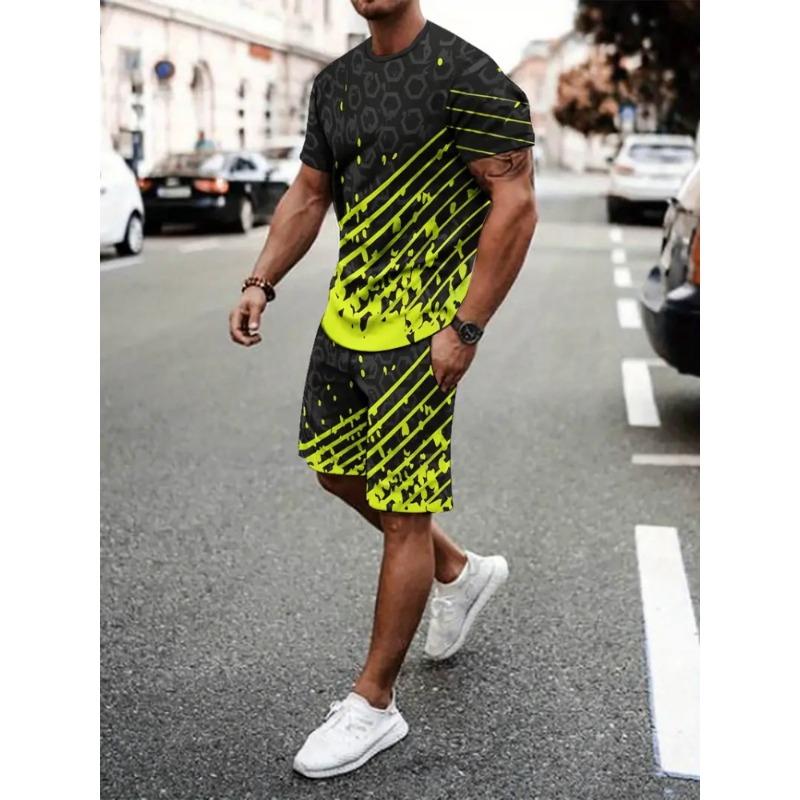 2025 Urban Street Trend Men's Suit Summer Casual Short Sleeve Shorts 2 Pieces Unique Geometric Print Outdoor Casual