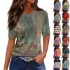 T Shirts For Women Pleated Round Neck Dressy Casual Blouses Printing Short Sleeve Summer Tops Loose Fit
