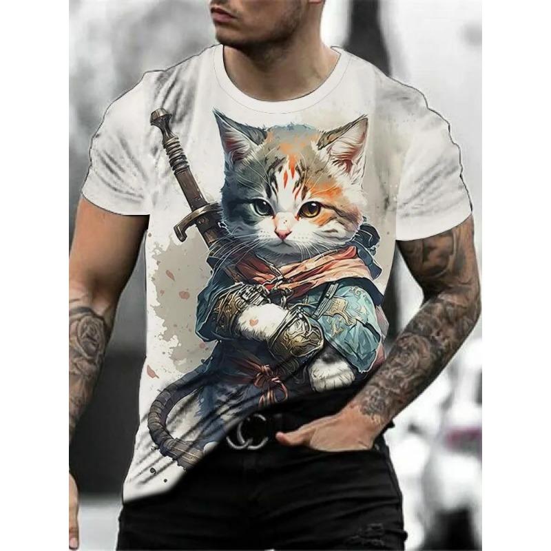 Мужская футболка в стиле рубашки с графикой кота-самурая, модная футболка с 3D-принтом, повседневная футболка с коротким рукавом, мужская одежда большого размера