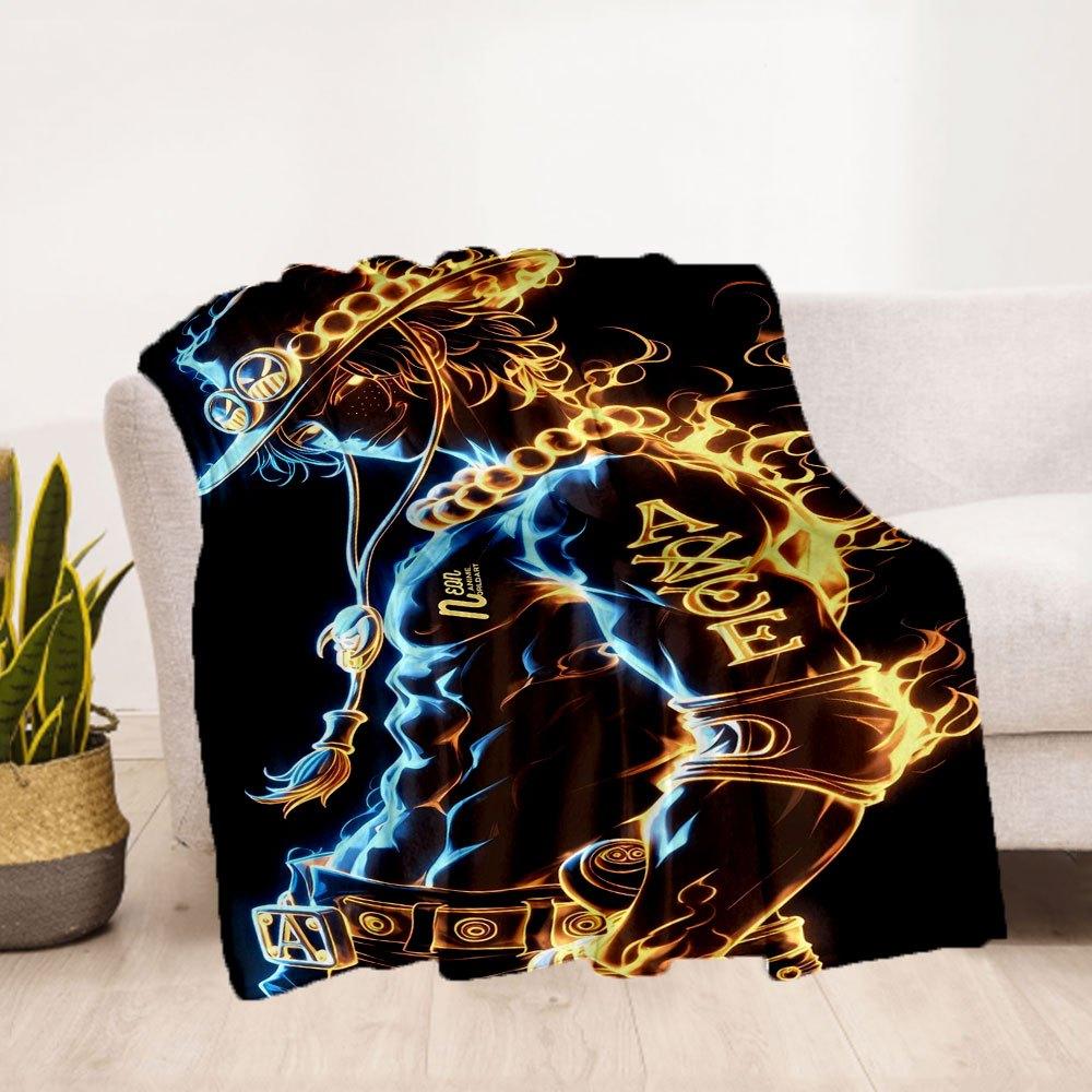"Neon Anime Adventure: Luffy's Fire Emblem T-Shirt"Blanket Flannel Throw Blanket for Sofa, Bed, Travel, Camping, Office, Couch, Chair, And B