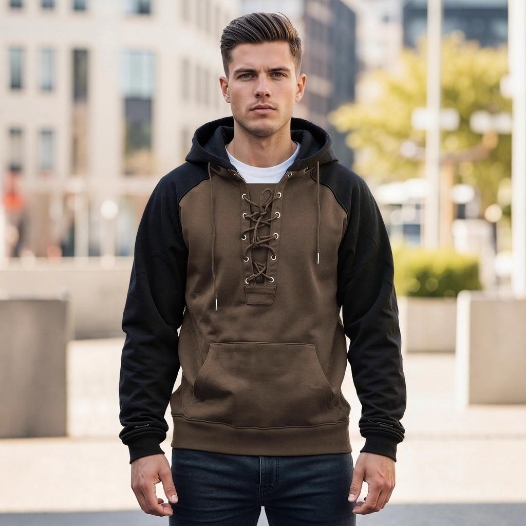 Men S Hooded Sweatshirt Pullover Winter Color Block Casual Outerwear
