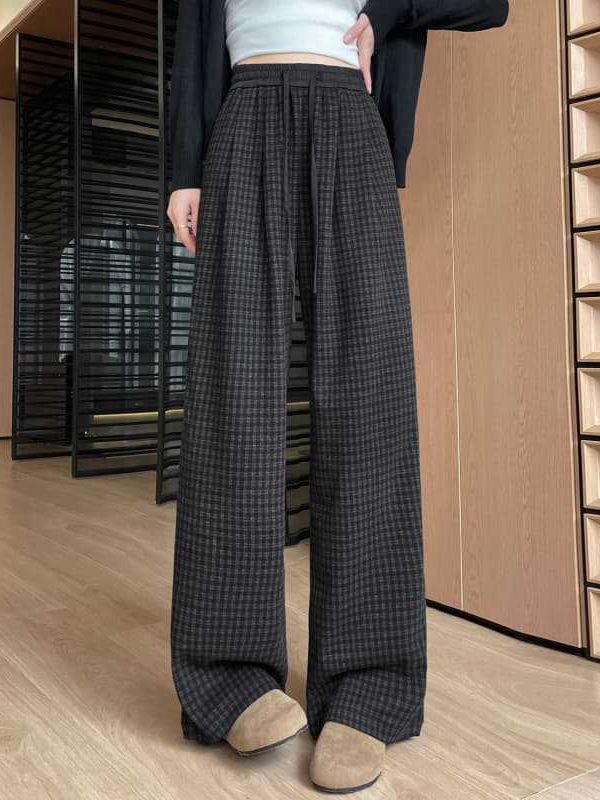 Женские осенние брюки 2025 года в синюю клетку с высокой талией и широкими штанинами на кулиске - Ретро, Стройнящий, Повседневный стиль