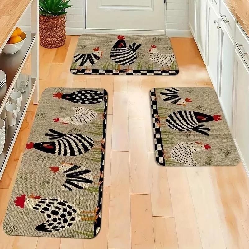 Colorful Rooster Pattern Kitchen Mat Set 2PCS Non Slip Floor Rug Farmhouse Decor with Soft Washable Long Rectangular Rugs