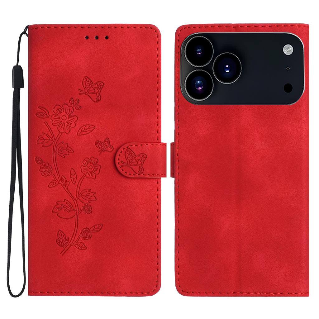 For iPhone 17 Pro Max Case Leather Imprinted Flower Phone Cover Wallet with Wrist Strap